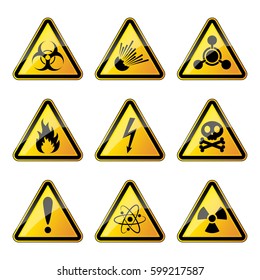 Set of warning danger signs, isolated on white background. Vector illustration. Set of triangular warning hazard signs.