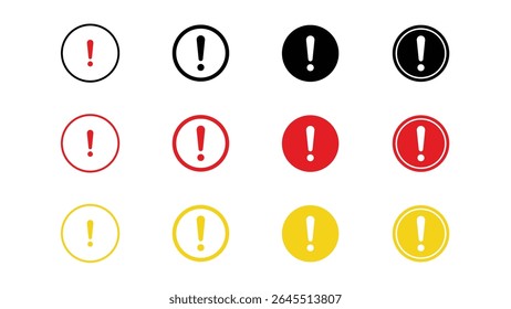 Conjunto de iconos de signo de exclamación de advertencia en círculos. Conjunto de iconos de peligro, señal de advertencia, paquete de signos de atención. Icono de peligro, Vector de conjunto de iconos de advertencia 