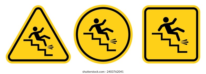 Set warning falling off the stairs sign on white background. slippery stairs warning sign.	