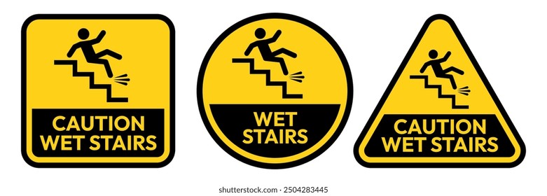 Set warning falling off the stairs sign on white background. slippery stairs warning sign. Vector Illustration.