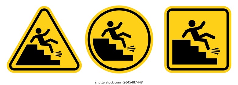 Set warning falling off the stairs sign on white background. slippery stairs warning sign.