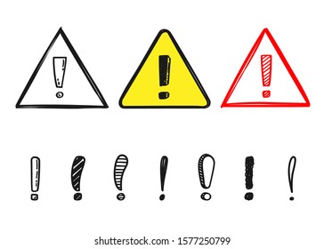 Set of warning hand drawn signs with exclamation mark, doodle style, isolated on white background, vector illustration