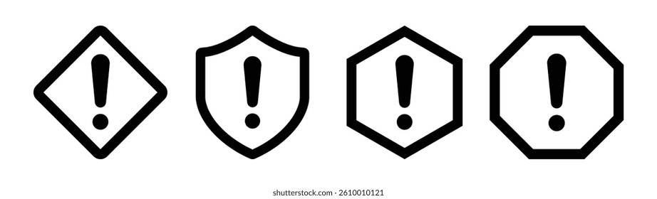 Set of warning icons with exclamation marks in various shape diamond, shield, hexagon, octagon. Simple vector design for UI, signs, alerts, and safety labels. Icons, vector