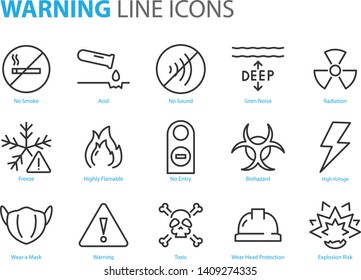 set of warning icons, such as flammable, danger, biohazard, toxic, caution