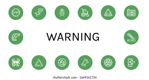 Set of warning icons. Such as Stop, Megaphone, Beetle, Wheelchair, Hump, Greyscale, Spider, Warning, No fire allowed, Radioactive, Speaker, Whistle, Cutter , warning icons