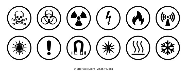 Set of warning icons for toxic, biohazard, radiation, electric shock, fire, radio waves, laser, caution, magnet, cold, and heat. Black hazard symbols in circle outline on white background.
