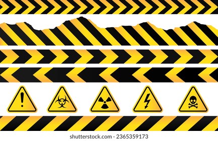 conjunto de etiquetas de advertencia, cinta de advertencia y símbolo de peligro ilustración vectorial