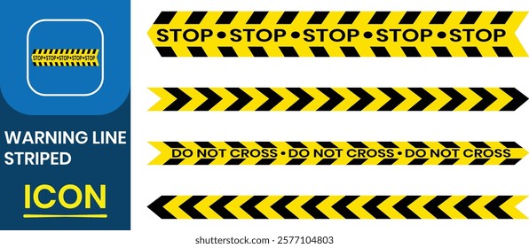 Set of warning line striped icon. Black and yellow police stripe border, warning tape, diagonal stripes, crime places, caution, under construction tape. Potential danger vector illustration.
