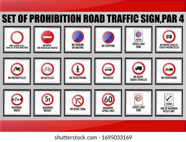 Set of warning, notification, mandatory, prohibition, priority road traffic sign for education, learning for driving license courses. Road closed, no parking, bus, bicycles, speed limit zone, no entry