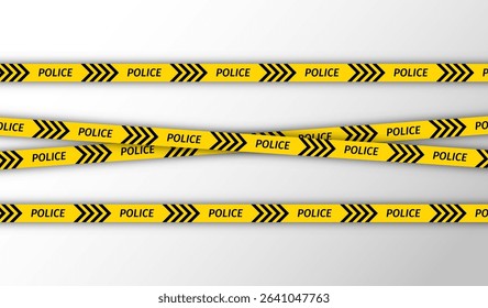 Set warning police tapes for restriction of criminal accident zones. Striped yellow lines for crime places. security ribbons. Seamless barrier borders on white background. Vector illustration.