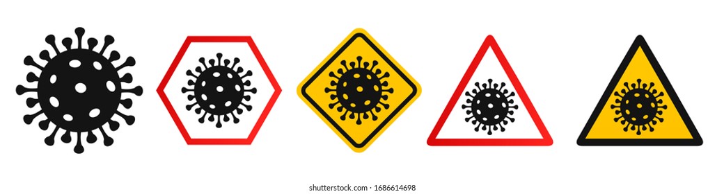 Set warning, precaution, attention, alert icon in different shapes. Protection against dangerous virus. Healthcare medicine protected concept from bacteria corona virus, COVID-19, 2019-nCoV infection