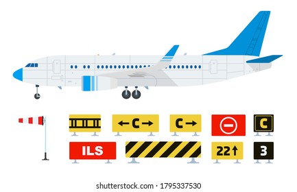 Set of warning prohibiting road signs and airplane vector flat icon isolated