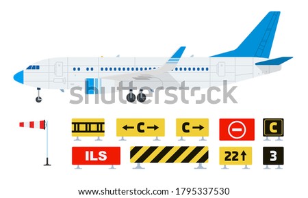 Set of warning prohibiting road signs and airplane vector flat icon isolated