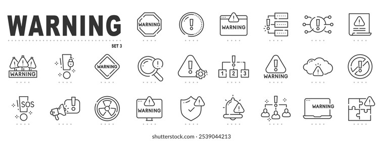 Conjunto de ícones de linha relacionados a aviso. Alerta, cuidado, perigo, erro, escudo etc. Traçado editável. Conjunto 3