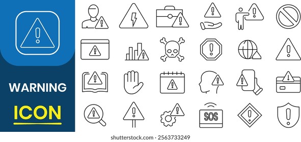 Set of warning related line icons. Warning, precaution, attention, alert icon, Danger icon, Security, Error, Attack, Stop,  line icon Vector illustration.