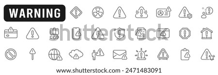 Set of warning related line icons. Alert, caution, danger, error, shield etc. Editable stroke