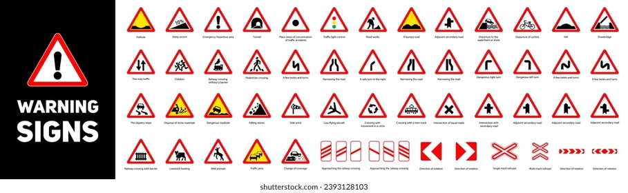 Set of warning road signs on a white background	