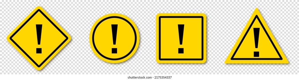 Establecer signo de advertencia, icono de alerta. Peligro que avisa la señal de la atención. Punto de exclamación en el signo amarillo. Ilustración vectorial sobre fondo transparente.