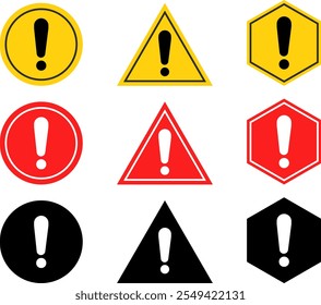 Conjunto de icono de signo de advertencia. Símbolo de icono de triángulo de peligro. Símbolo de advertencia de signo de precaución de atención
