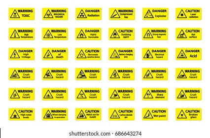 Set of warning sign on yellow background. Symbol, illustration