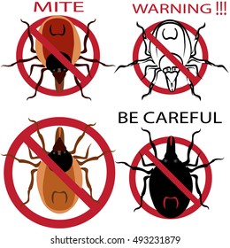 A set of warning sign. Spider mites. Red mite. Mite allergy. Epidemic. Mite parasites. Vector illustration