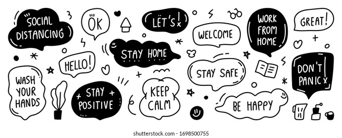 Set of Warning sign sticker, social media stickers , Hand drawn speech bubble for Coronavirus COVID-19 prevention. stay home, work at home, social distancing, stay safe banner design vector.