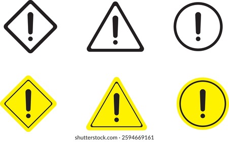 set Warning sign and symbol. Exclamation mark in triangle, circle and rhombus.