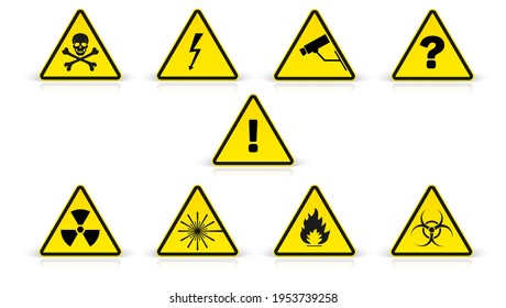 Set of warning sign in yellow triangles isolated on white backgroound with reflection. Vector 3d illustration