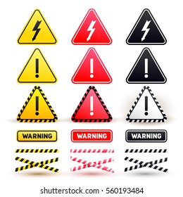 Set of warning signs of attention. Yellow, red and black signs. Vector illustration. Isolated on white background