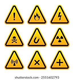 Set of warning signs. Set of danger and hazard signs. Yellow and black warning signs. Danger and hazard triangle shapes.