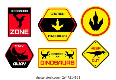 Set of warning signs with dinosaur silhouettes and footprints in red, yellow, and black. Prehistoric danger zone icons in flat vector style, perfect for themed parks, posters, or educational use