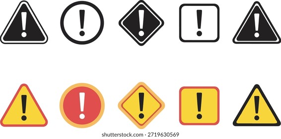 Un conjunto de señales de advertencia con signos de exclamación en diferentes Formas, colores y diseños, utilizados para la precaución y el estado de alerta