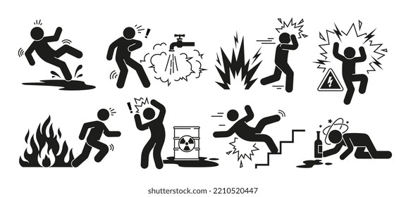 Set of warning signs. Fire, high voltage electricity, slippery floors, steep stairs, toxic substances. Risk symbols for personal safety. Cartoon flat vector collection isolated on white background