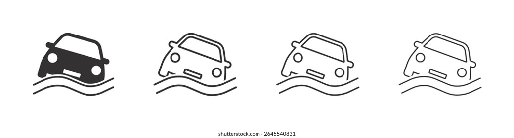 Set of warning signs flooding hazard. Car submerged in water, flood street and a flood road, yellow triangular warning sign. Emergency situation, danger of falling car in sea. Vehicle in water. Vector