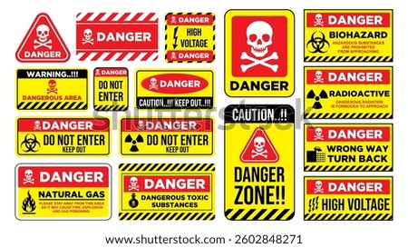 set of warning signs icon danger, natural gas, poison, biohazard, radioactive, high voltage. warning signs vector design