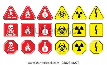 set of warning signs icon danger, natural gas, poison, biohazard, radioactive, high voltage. warning signs vector design