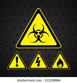 Set of warning signs, isolated on dark dotted background. Vector illustration