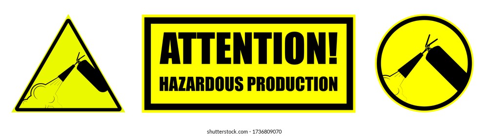Set of warning signs on a yellow background. Fire extinguisher, hazardous production. Isolated vector on white background