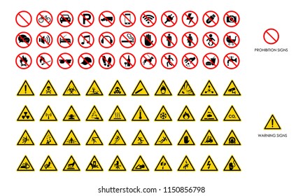 Set of warning signs and prohibition signs on white background. Symbol, vector, illustration
