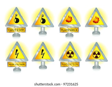 Set of warning signs: radiation, flammable, high voltage and explosive.