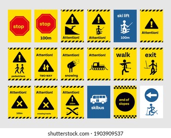 set of warning signs for ski resorts