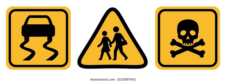 Set of Warning Signs – Slippery Road, School Crossing, Toxic Hazard – Yellow Traffic Safety Icons