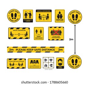 set warning signs for social distancing coronavirus pandemic protection measures concept keep 2 meters distance stickers collection vector illustration