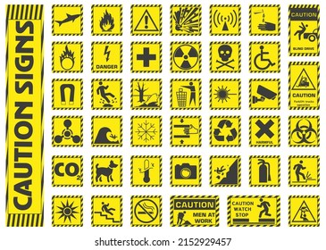 Conjunto de señales de advertencia. Cuadrado en un fondo amarillo.