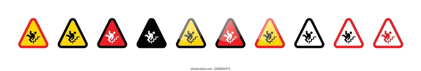 a set of warning signs in triangle shapes, alerting to the danger of falling down the stairs.