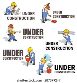 Set of Warning Signs "Under Construction'. Isolated Funny Working Doodle People. Hand Drawing Vector Illustration in Industrial Style