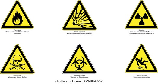 Conjunto de señales de advertencia utilizadas para indicar materiales y condiciones peligrosos, incluidos los signos de incendio, radiación, riesgo biológico, tóxicos y de precaución. Estas señales se utilizan para alertar a las personas de posibles peligros y riesgos, y para proporcionar advertencias y precauciones de seguridad.
