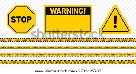 Set of warning and stop signs in black and yellow colors. Octagon stop sign, triangular warning sign with black exclamation mark. Danger and caution tapes on a transparent background. Vector