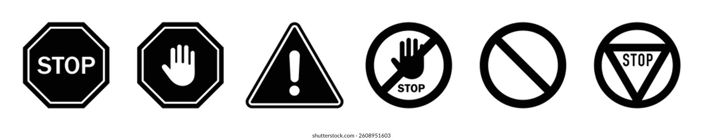 Set of warning and stop signs including hand, exclamation mark, and no entry symbols. Ideal for road safety, caution, and traffic-related design or illustration. Stop, ban, icons, symbol.