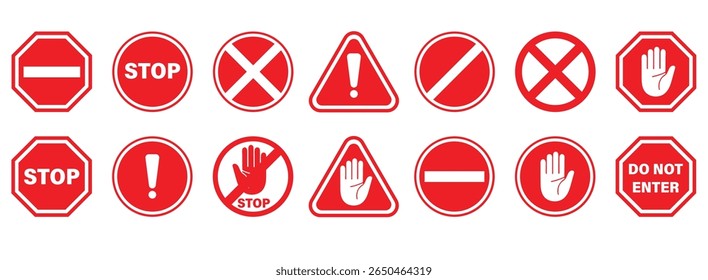 Set of warning and stop signs including hand, exclamation mark, and no entry symbols. Ideal for road safety, caution, and traffic-related design or illustration. Stop, ban, icons, symbol, vector..